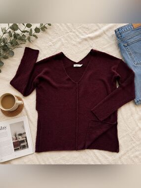LUSH Burgundy Wine Knit Sweater Top V Neck Long Sleeve XL
